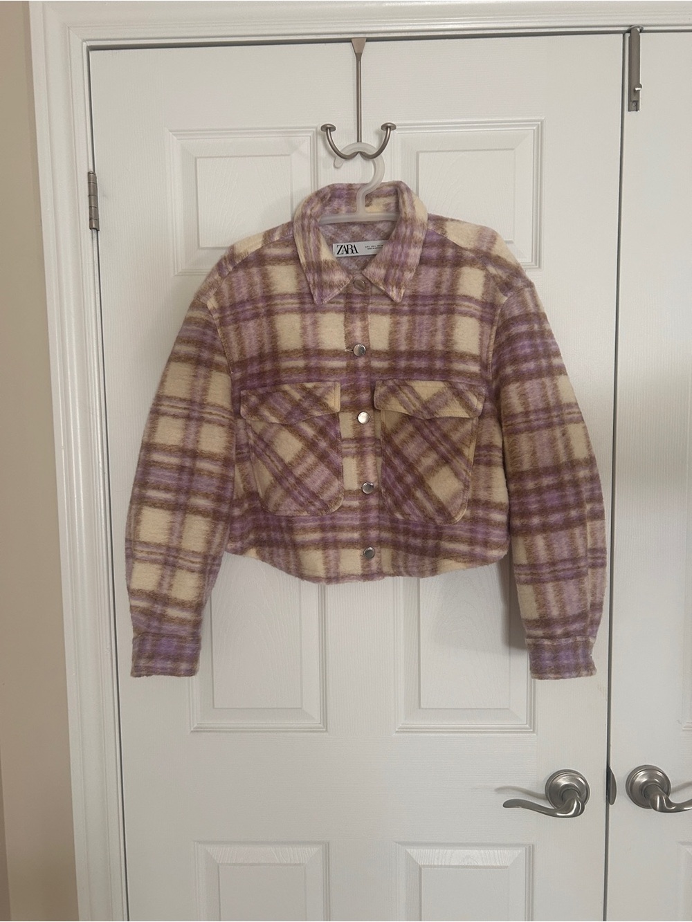 ZARA Lavender & Cream Plaid Cropped Shacket